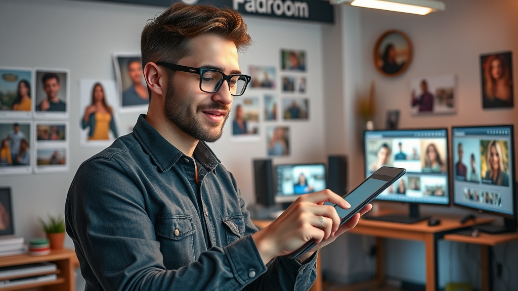 Content creator designing graphics for social media marketing agency services in a modern UK studio