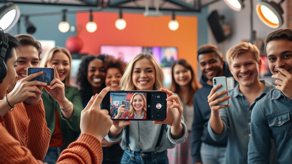 Trendy short-form video creation studio with young marketers filming vertical media video, social media video production in creative agency