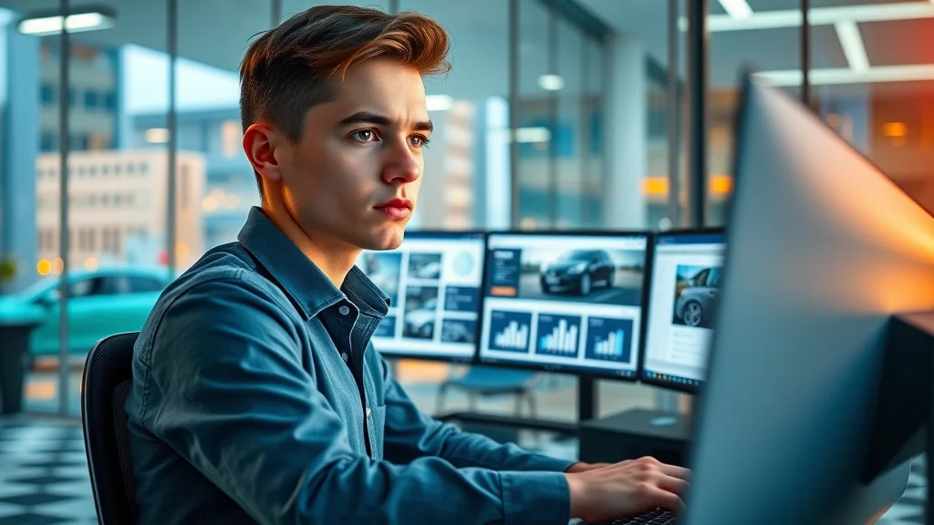 Digital marketing workspace for London car dealership, marketer editing social media car videos, city view; main keyword: digital marketing for london car dealerships