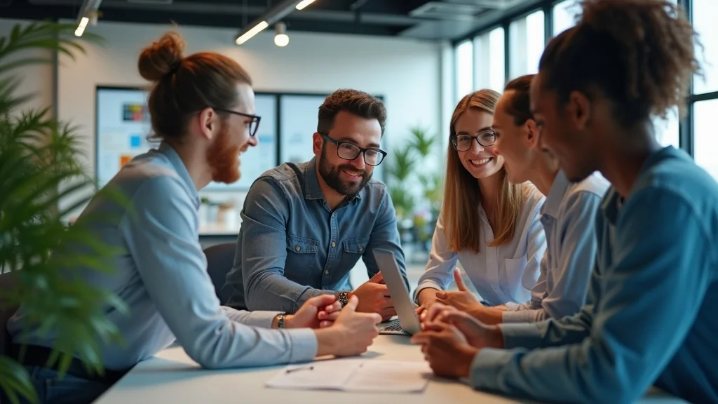 Modern digital marketing team collaborating in a vibrant office setting, conveying social media marketing agency teamwork