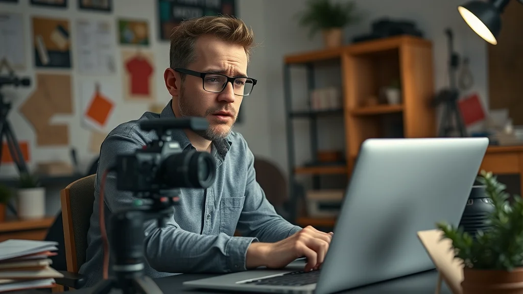 Frustrated entrepreneur trying DIY video production service setup for small business, stressed and overwhelmed in home office