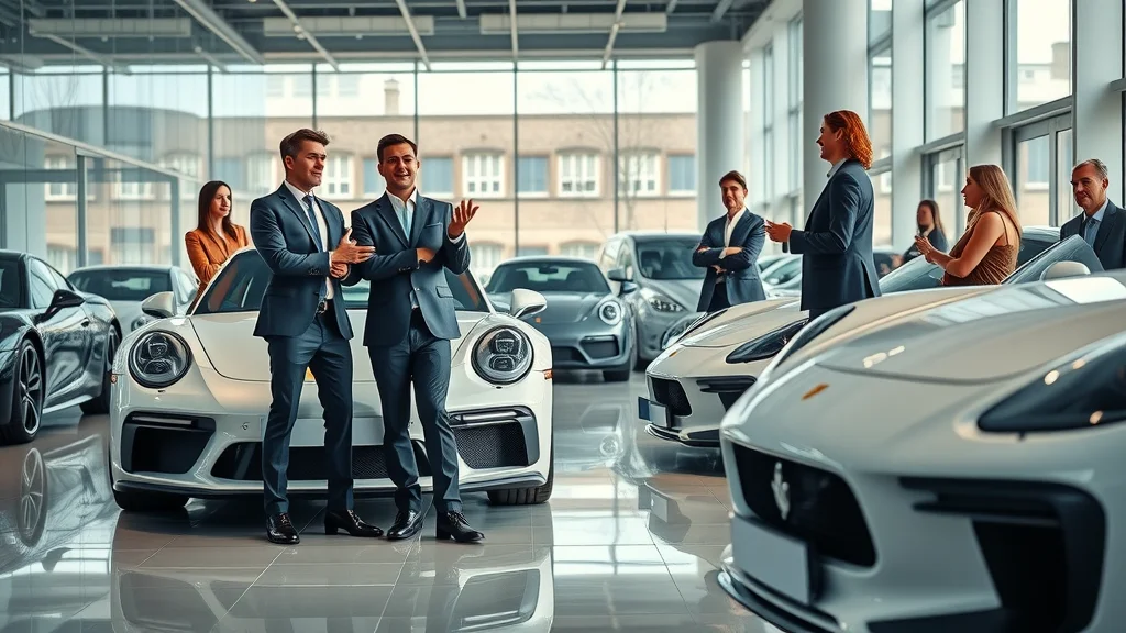 Sleek luxury car dealership interior with sales team and luxury vehicles in a London showroom; main keyword: luxury car dealership London