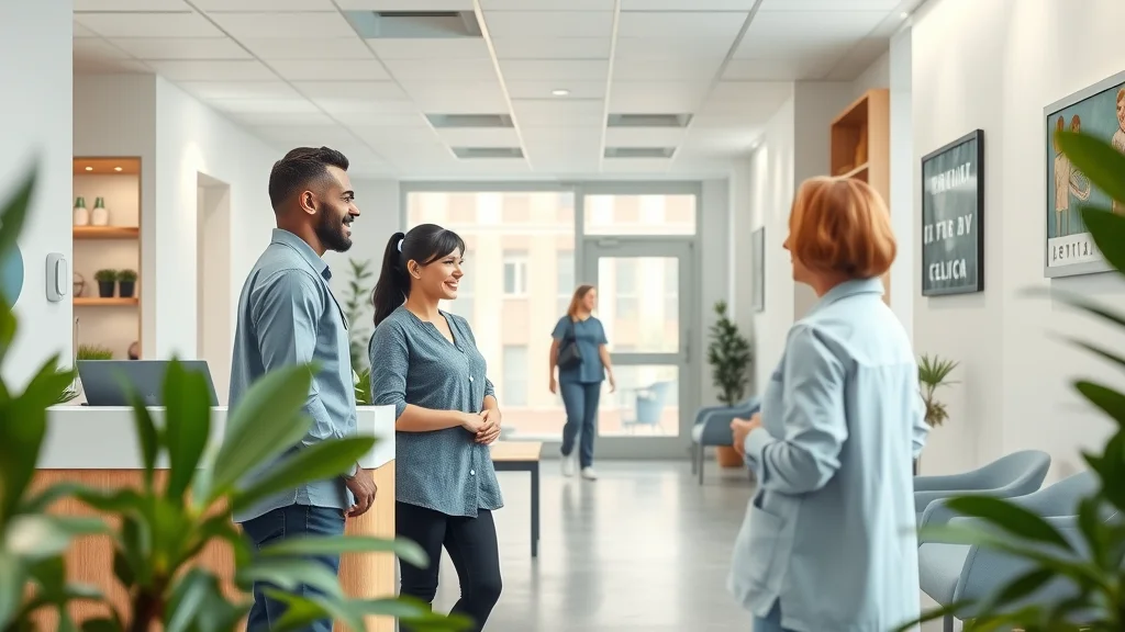 Modern dental clinic interior in London: welcoming, clean reception area with staff greeting patients and contemporary furnishings - dental clinics in London
