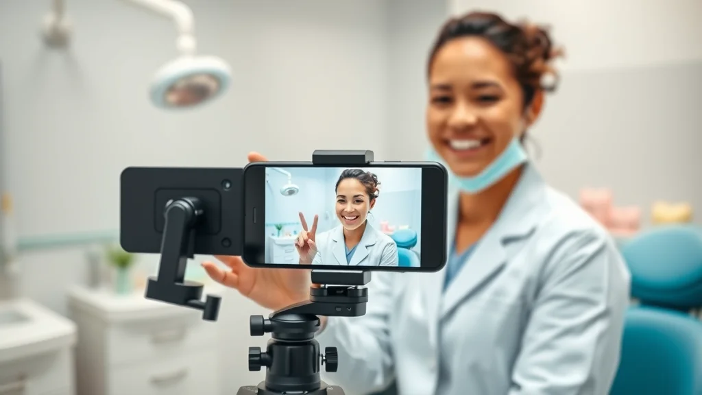 Friendly London dentist recording a short-form marketing video in a modern clinic