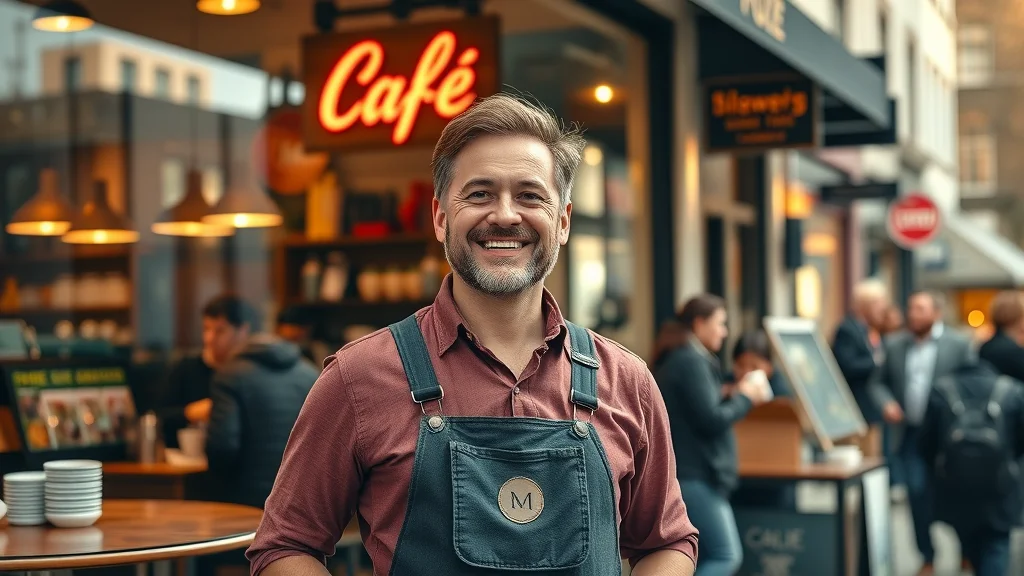 Happy London café owner in front of shop after successful business listing