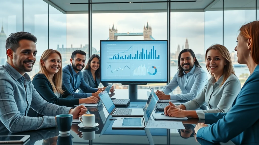 London law firm team discusses client communications with AI answering dashboard in glass-walled boardroom.