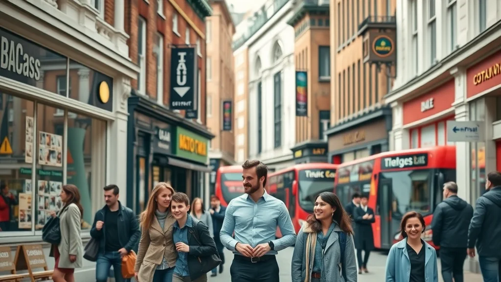 Central London business district with diverse storefronts, upbeat business owners, and iconic London features—promoting Greater London companies through a business directory