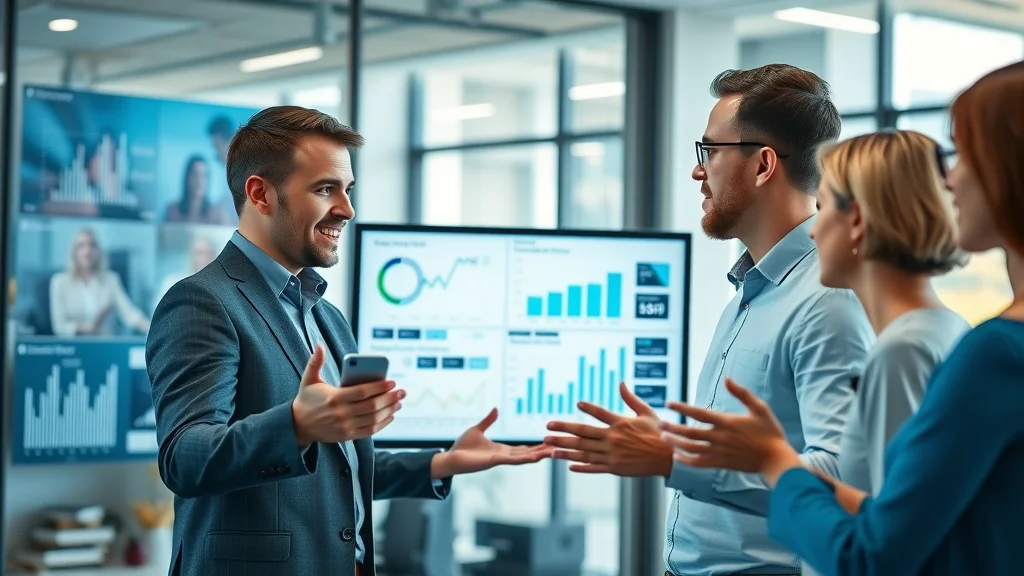 Insightful business video marketing dashboard with video marketing agency team analyzing creative video statistics, glass wall office