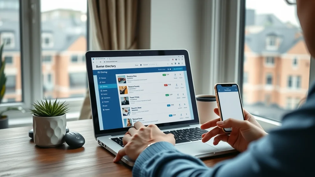 Business directory website interface on laptop and smartphone for promoting Greater London companies through business listing