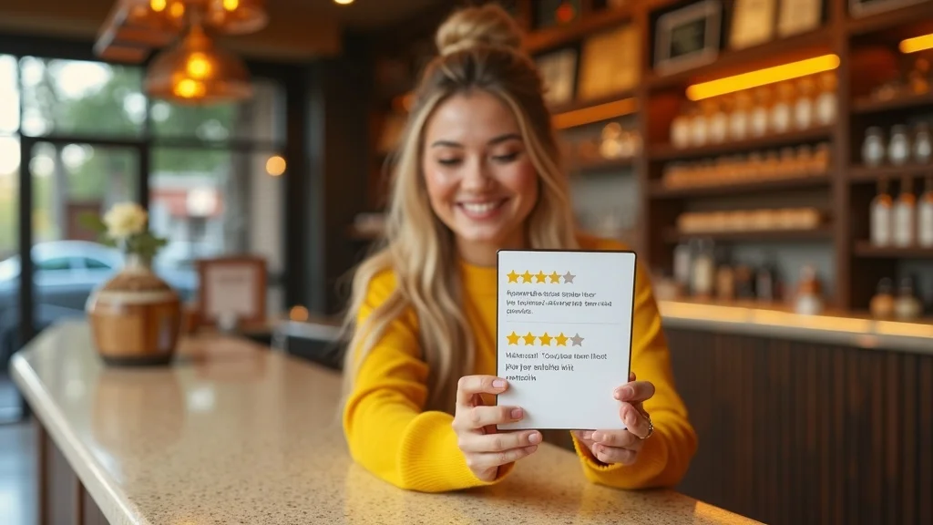 Small business owner sharing positive Google Business reviews to social media