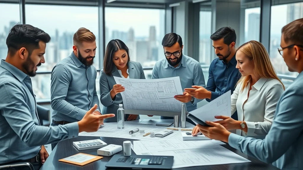Innovative project management office with Mace Group managers reviewing blueprints and digital models for major London construction projects