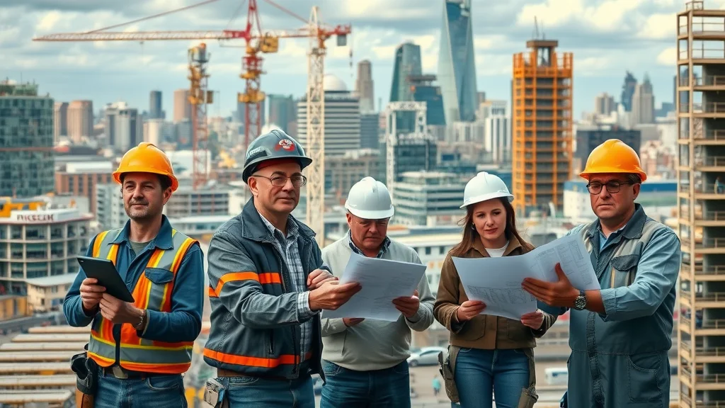 Top 10 building and construction companies in London operating on a vibrant construction site skyline with cranes, professionals, and modern London cityscape
