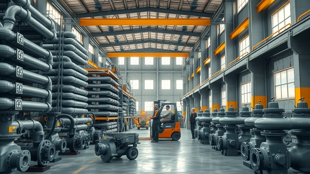 Large industrial warehouse with water pipes, valves, pumps—London water company suppliers inspecting equipment—depicts logistics and supply chain management for water services