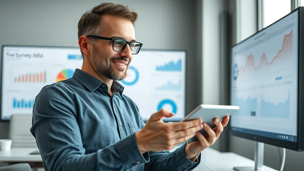 Business analyst using a digital tablet to review customer service surveys and chatbot analytics — focusing on real-time data insights for customer satisfaction and support improvements.