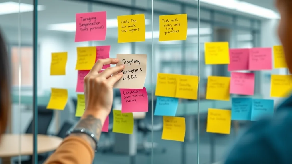 Strategic planning board with sticky notes outlining demographics vs interest based market targeting tactics