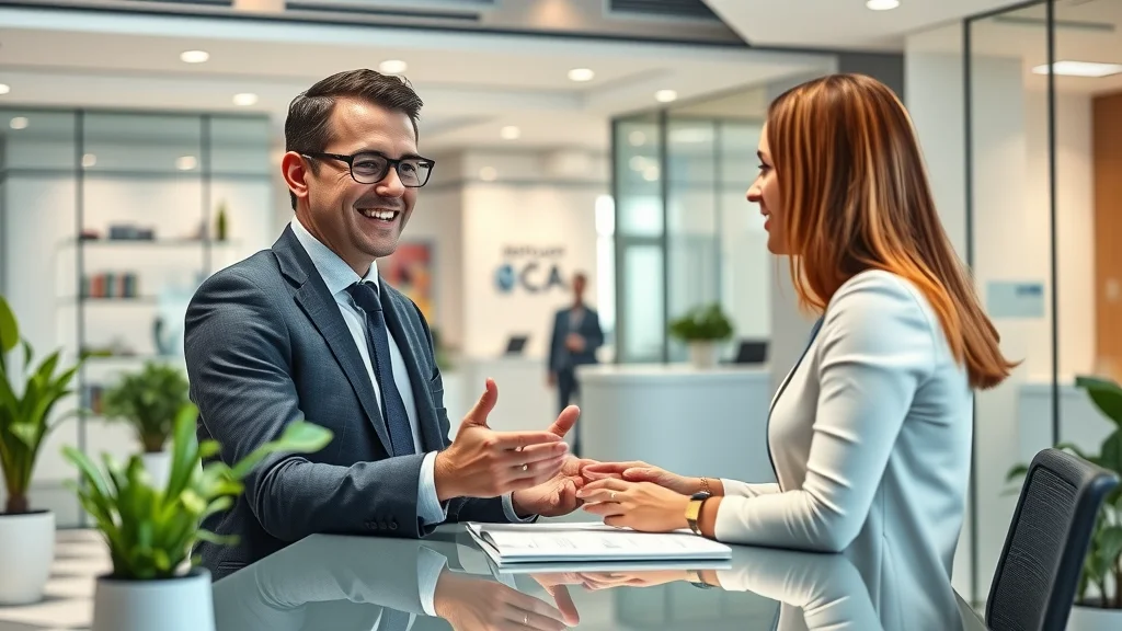 Friendly business adviser assisting small business owner with chamber of commerce services at modern London helpdesk