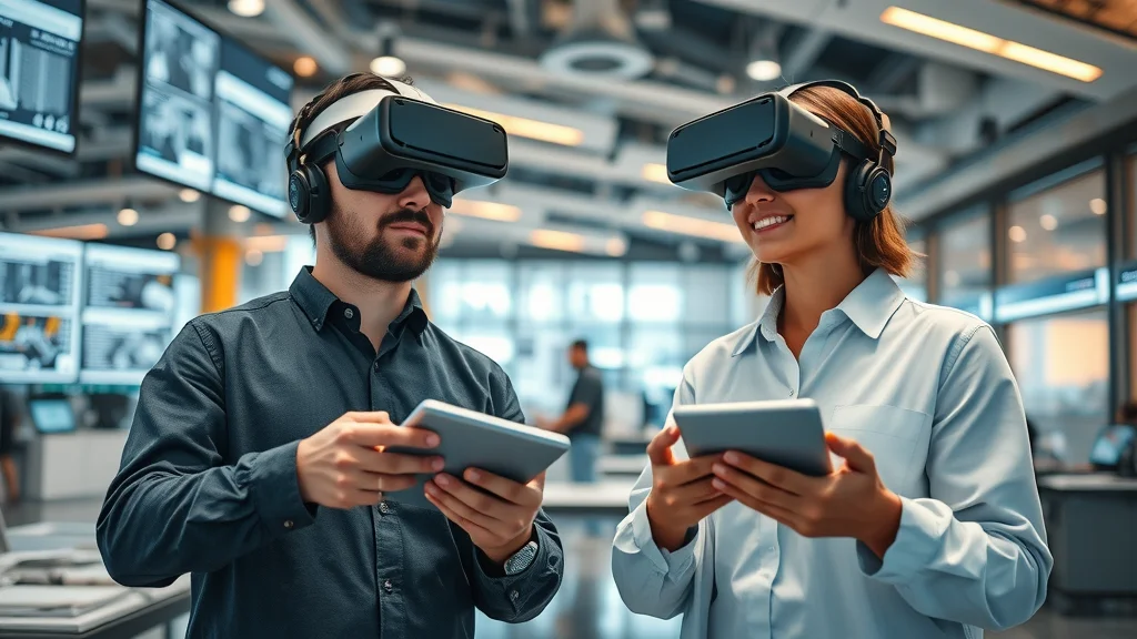 Construction industry leaders in London using VR and tablets in a tech innovation center with digital screens and architectural BIM graphics