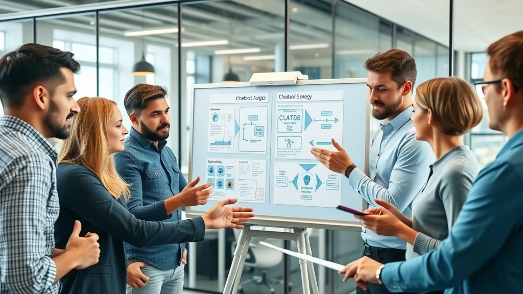 A marketing team in a modern agency discussing chatbot marketing strategy—collaborative, engaged, and focused on improving customer support via AI solutions.