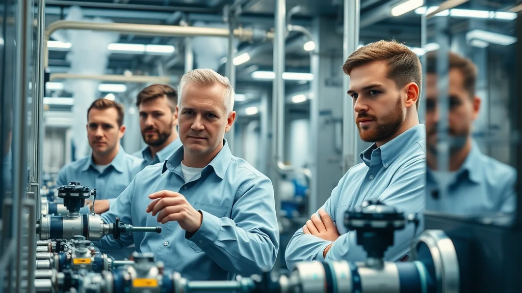 Professional team of engineers at a modern London water treatment facility inspecting advanced filtration equipment — showing the crucial role of suppliers and technology