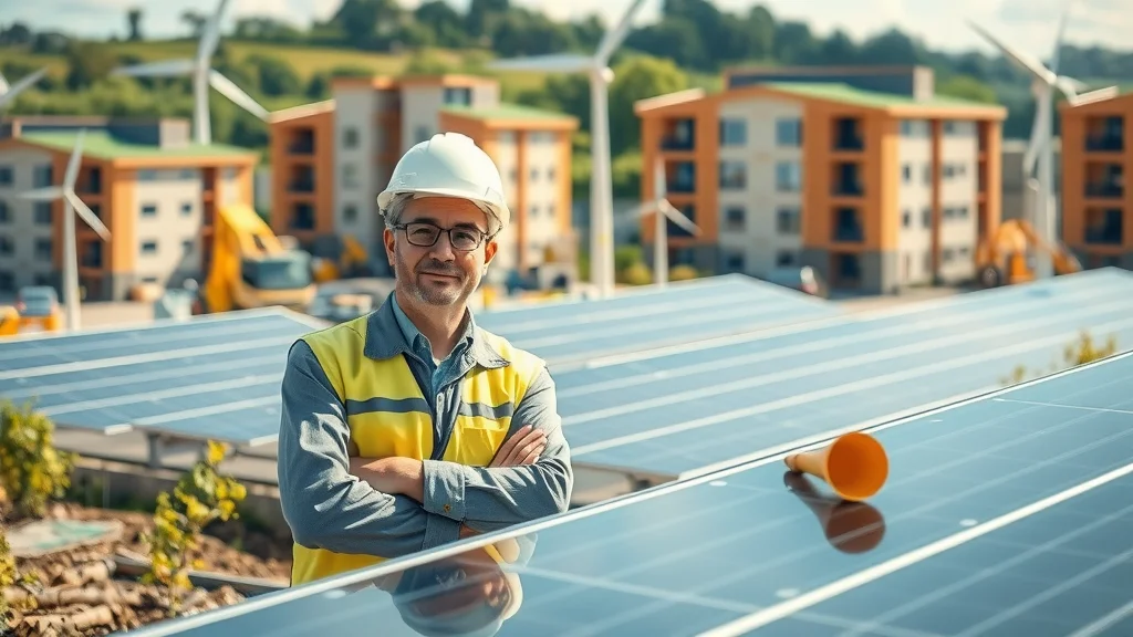 Kier Group engineers and architects inspecting eco-friendly solar panels and green roofs on a sustainable London housing construction site