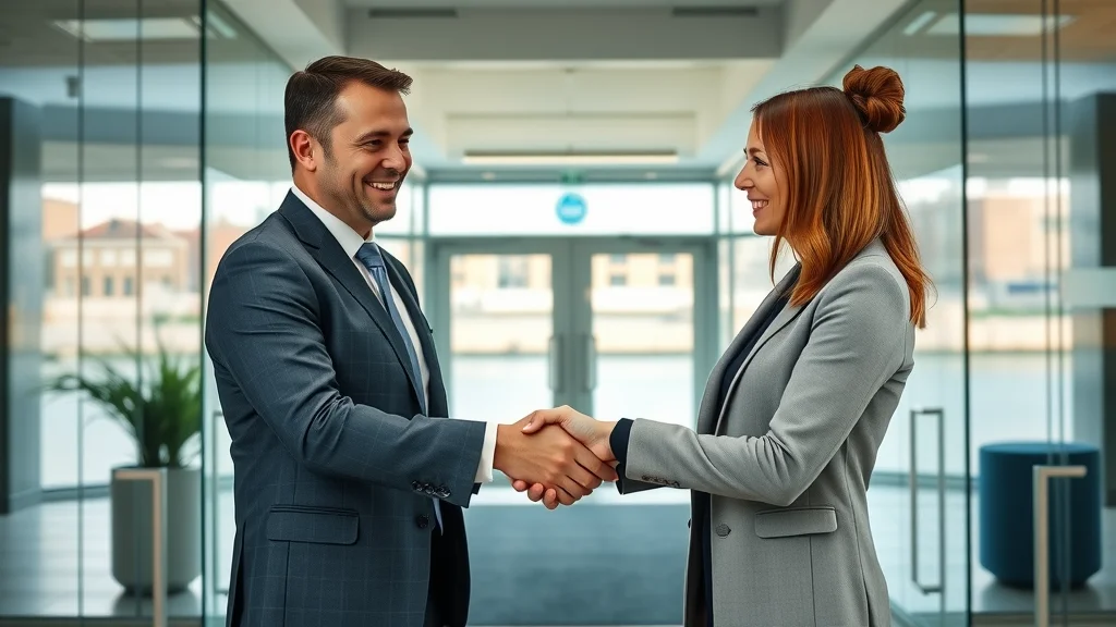 Corporate business partnership handshake in front of London water company office—highlighting collaboration between water companies and business suppliers in London