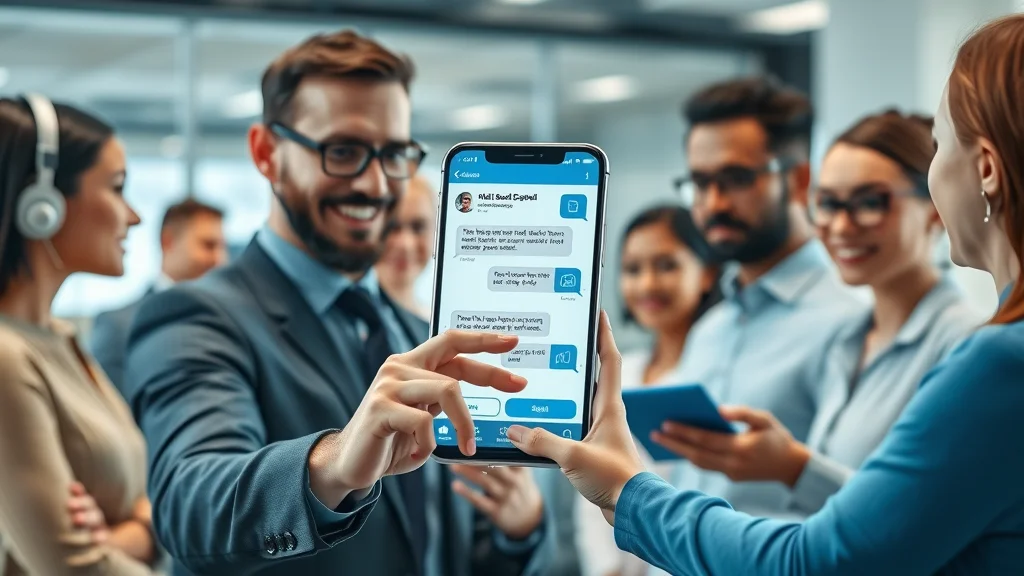 Modern AI customer service chatbot interacting with a diverse group of customers in a contemporary office environment, focusing on friendly, attentive service, digital chat bubbles, and company branding — use chatbots for customer surveys.