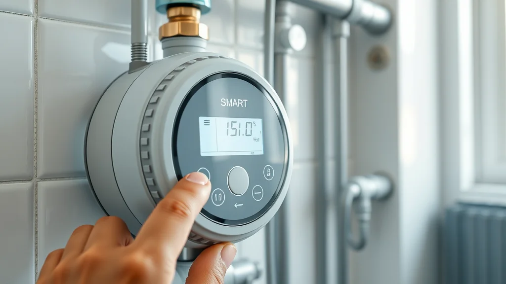 Modern close-up of a smart water meter with digital display—water supplier technician adjusting the device in a London home—highlighting sensor technology's role in water management