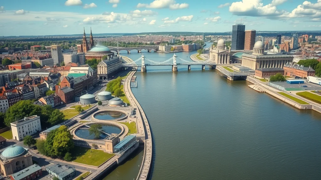 Vibrant London cityscape with the Thames River and water infrastructure showing water treatment facilities, pipes, residential and business districts – London water companies and suppliers ensuring safe water delivery
