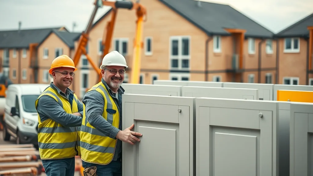 Collaborative modular home assembly by top construction companies in London, professionals operating cranes and placing prefab panels on a modern housing estate