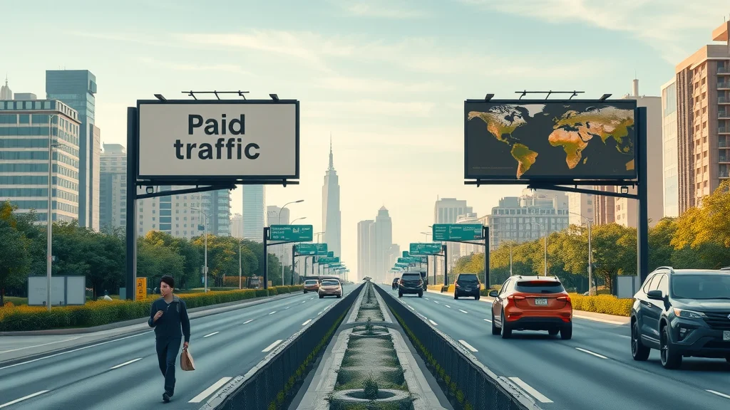 Conceptual illustration of paid traffic vs. organic traffic with cityscape and digital billboards highlighting website traffic