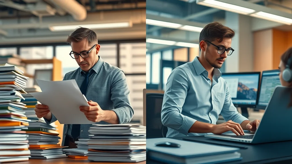 Comparison of stressed individual with paper stacks versus calm employee using digital document management software