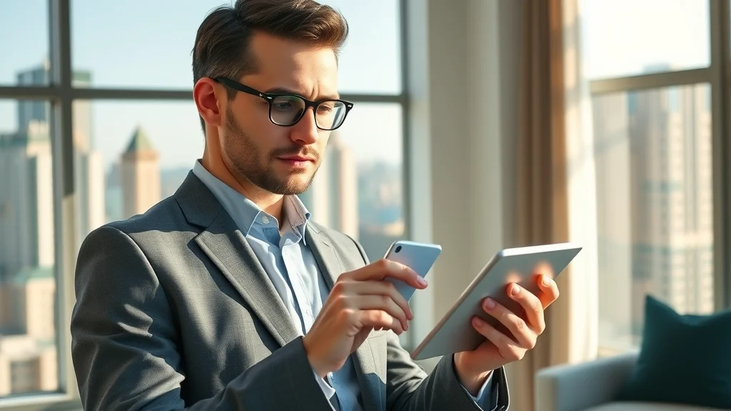 Real estate agent checking automated property alert emails on a tablet in a luxury apartment