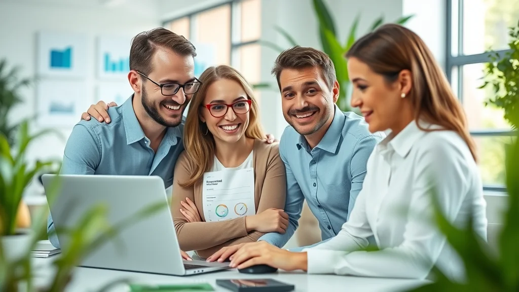 Small business team using marketing automation and email marketing tools in a modern, collaborative workspace with digital graphs and green plants