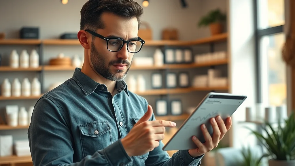 Small business owner analyzing email marketing and automation campaign results in a boutique store setting