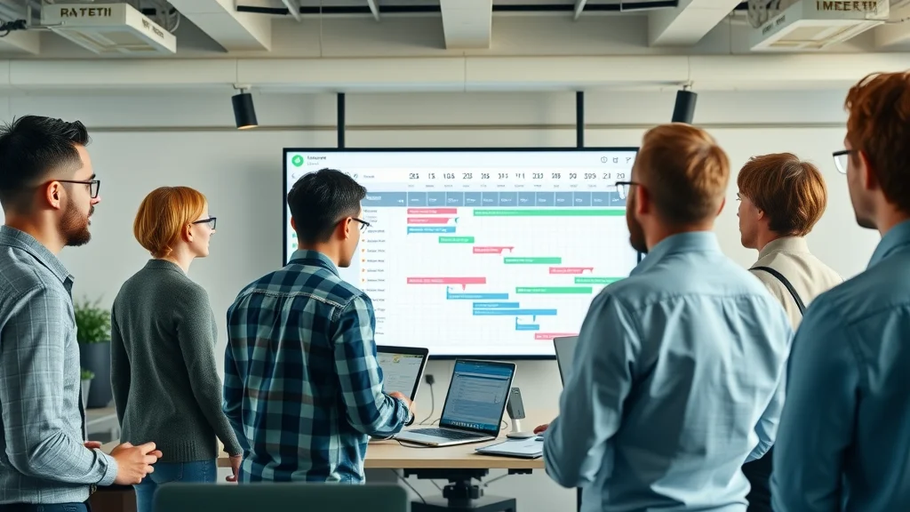 Busy project tracking office with teams reviewing automated Gantt chart project plans on a digital dashboard