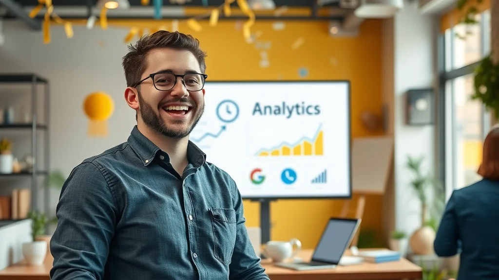 Small business owner and team celebrating increased sales after marketing automation, displayed on analytics screen