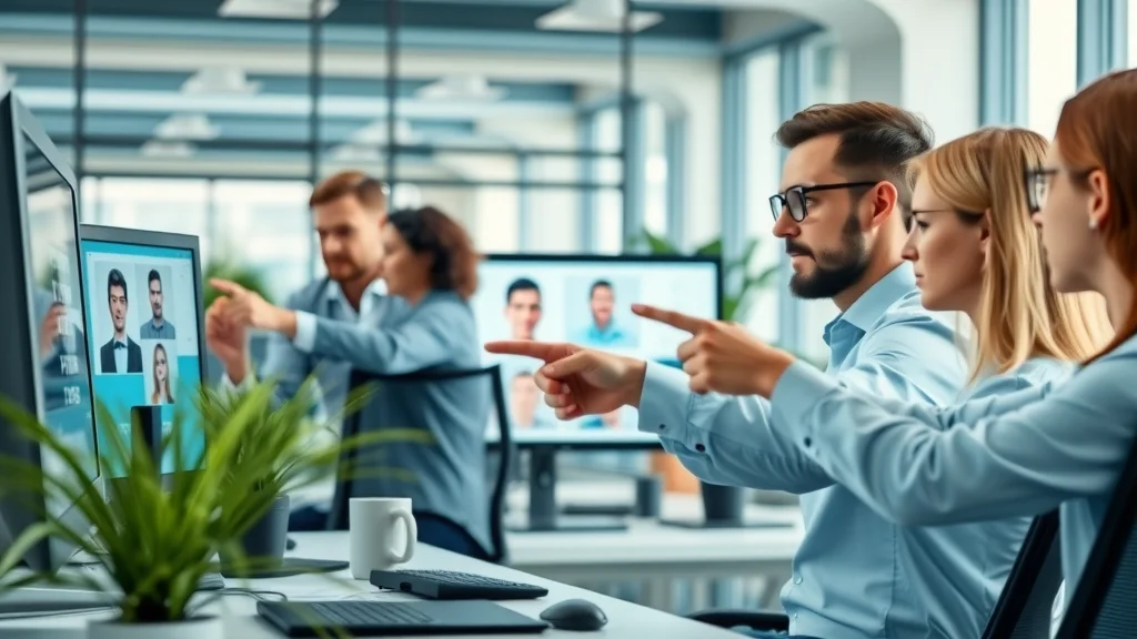 Recruitment apps and solutions in a modern agency office with collaborative team evaluating candidates on computer screens, digital displays, and plants