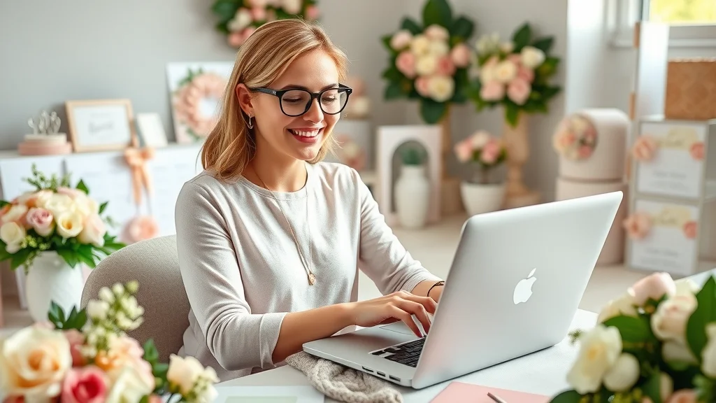 Wedding planner organizing automated email invitations on laptop surrounded by event elements