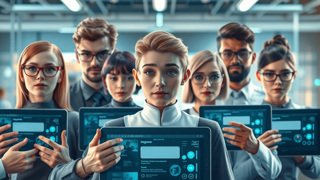 Diverse answer engines and AI bots on digital devices in a modern tech hub, showcasing different platforms for answer engine optimisation
