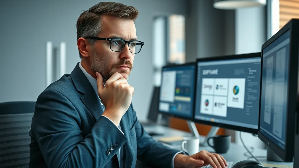 Business owner analytically comparing marketing automation software options on dual monitors in a tech office